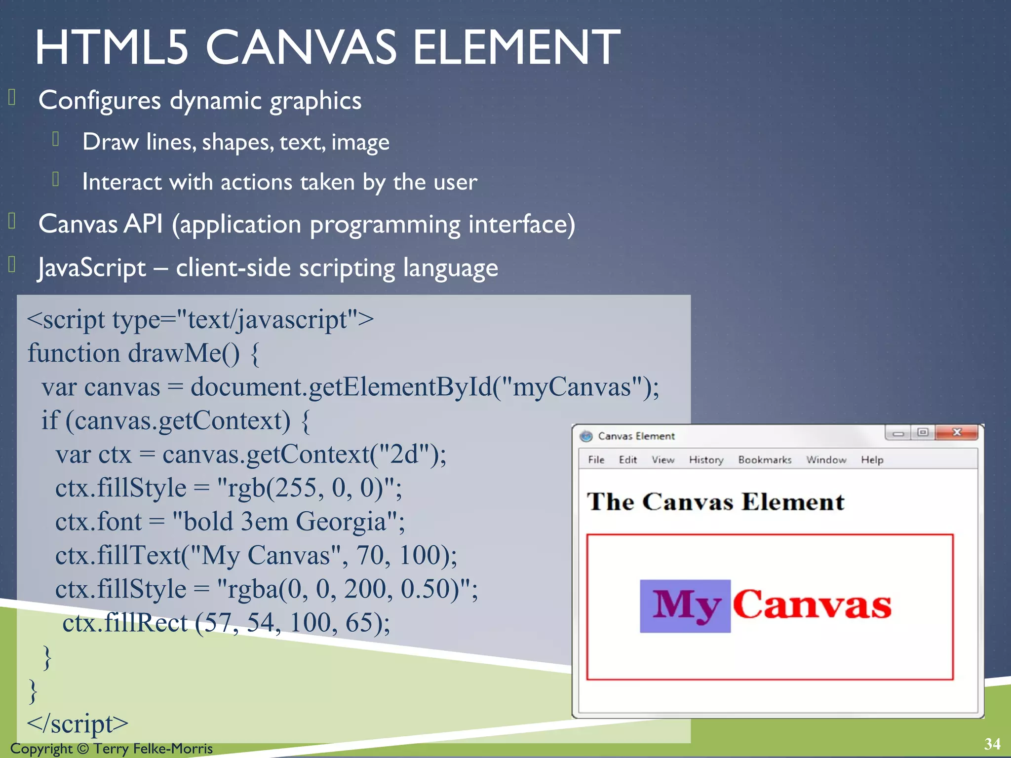 Copyright © Terry Felke-Morris
HTML5 CANVAS ELEMENT
 Configures dynamic graphics
 Draw lines, shapes, text, image
 Interact with actions taken by the user
 Canvas API (application programming interface)
 JavaScript – client-side scripting language
34
<script type="text/javascript">
function drawMe() {
var canvas = document.getElementById("myCanvas");
if (canvas.getContext) {
var ctx = canvas.getContext("2d");
ctx.fillStyle = "rgb(255, 0, 0)";
ctx.font = "bold 3em Georgia";
ctx.fillText("My Canvas", 70, 100);
ctx.fillStyle = "rgba(0, 0, 200, 0.50)";
ctx.fillRect (57, 54, 100, 65);
}
}
</script>
 