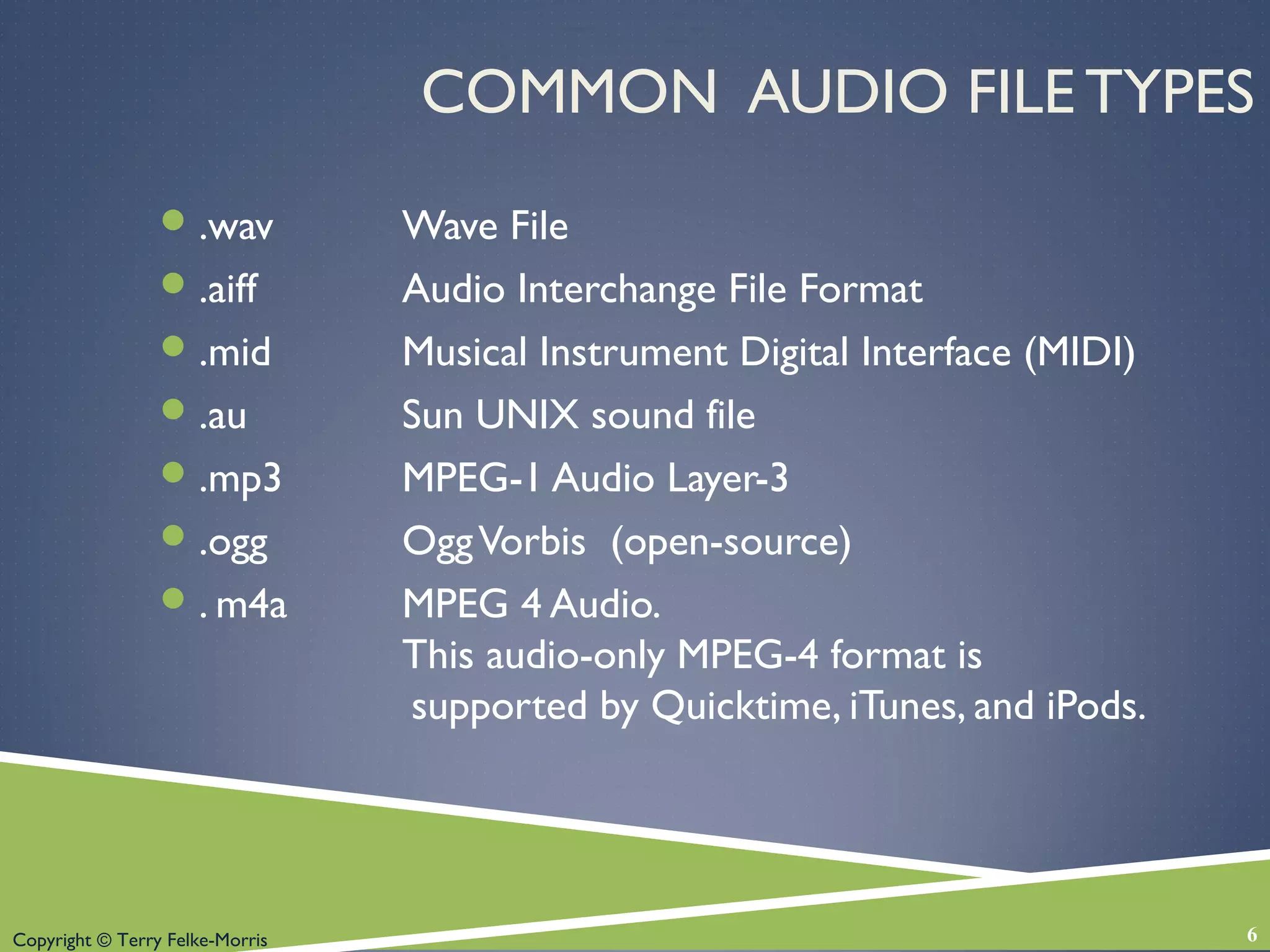 Copyright © Terry Felke-Morris
COMMON AUDIO FILE TYPES
.wav Wave File
.aiff Audio Interchange File Format
.mid Musical Instrument Digital Interface (MIDI)
.au Sun UNIX sound file
.mp3 MPEG-1 Audio Layer-3
.ogg OggVorbis (open-source)
. m4a MPEG 4 Audio.
This audio-only MPEG-4 format is
supported by Quicktime, iTunes, and iPods.
6
 