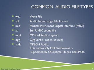 Copyright © Terry Felke-Morris
COMMON AUDIO FILE TYPES
.wav Wave File
.aiff Audio Interchange File Format
.mid Musical Instrument Digital Interface (MIDI)
.au Sun UNIX sound file
.mp3 MPEG-1 Audio Layer-3
.ogg OggVorbis (open-source)
. m4a MPEG 4 Audio.
This audio-only MPEG-4 format is
supported by Quicktime, iTunes, and iPods.
6
 