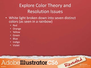 • White light broken down into seven distinct
colors (as seen in a rainbow)
• Red
• Orange
• Yellow
• Green
• Blue
• Indigo
• Violet
Explore Color Theory and
Resolution Issues
 