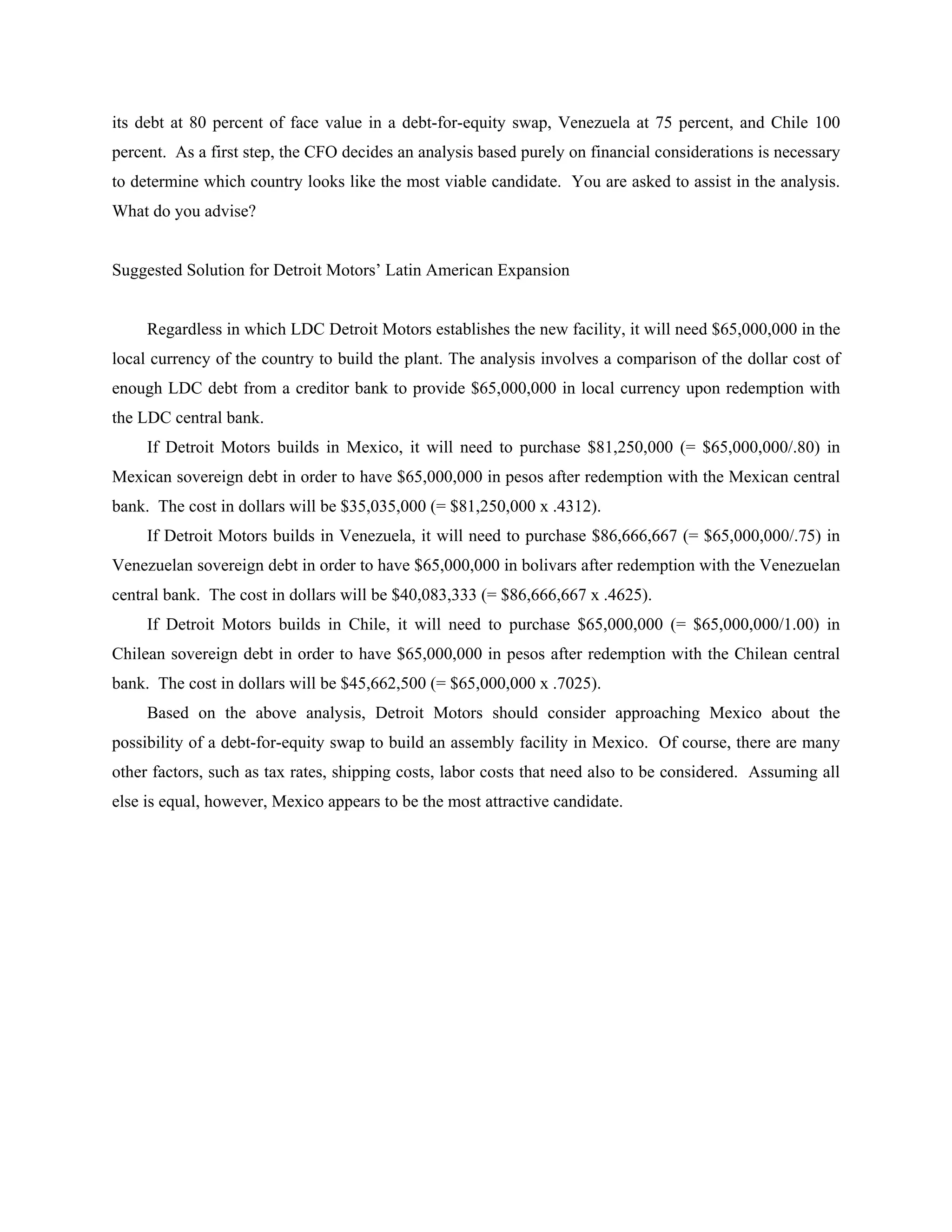 its debt at 80 percent of face value in a debt-for-equity swap, Venezuela at 75 percent, and Chile 100
percent. As a first step, the CFO decides an analysis based purely on financial considerations is necessary
to determine which country looks like the most viable candidate. You are asked to assist in the analysis.
What do you advise?
Suggested Solution for Detroit Motors’ Latin American Expansion
Regardless in which LDC Detroit Motors establishes the new facility, it will need $65,000,000 in the
local currency of the country to build the plant. The analysis involves a comparison of the dollar cost of
enough LDC debt from a creditor bank to provide $65,000,000 in local currency upon redemption with
the LDC central bank.
If Detroit Motors builds in Mexico, it will need to purchase $81,250,000 (= $65,000,000/.80) in
Mexican sovereign debt in order to have $65,000,000 in pesos after redemption with the Mexican central
bank. The cost in dollars will be $35,035,000 (= $81,250,000 x .4312).
If Detroit Motors builds in Venezuela, it will need to purchase $86,666,667 (= $65,000,000/.75) in
Venezuelan sovereign debt in order to have $65,000,000 in bolivars after redemption with the Venezuelan
central bank. The cost in dollars will be $40,083,333 (= $86,666,667 x .4625).
If Detroit Motors builds in Chile, it will need to purchase $65,000,000 (= $65,000,000/1.00) in
Chilean sovereign debt in order to have $65,000,000 in pesos after redemption with the Chilean central
bank. The cost in dollars will be $45,662,500 (= $65,000,000 x .7025).
Based on the above analysis, Detroit Motors should consider approaching Mexico about the
possibility of a debt-for-equity swap to build an assembly facility in Mexico. Of course, there are many
other factors, such as tax rates, shipping costs, labor costs that need also to be considered. Assuming all
else is equal, however, Mexico appears to be the most attractive candidate.
 
