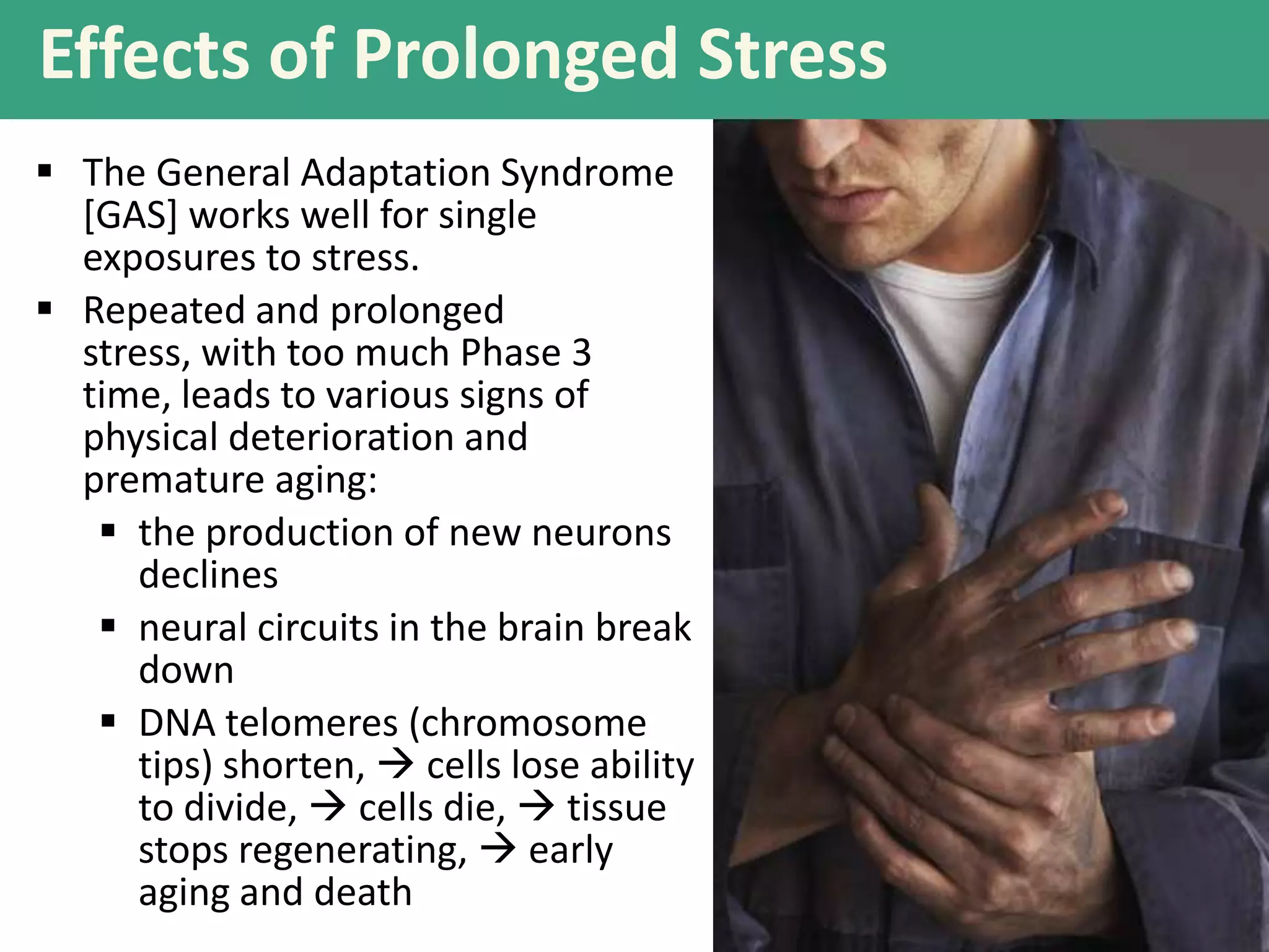 Effects of Prolonged Stress
 The General Adaptation Syndrome
[GAS] works well for single
exposures to stress.
 Repeated and prolonged
stress, with too much Phase 3
time, leads to various signs of
physical deterioration and
premature aging:
 the production of new neurons
declines
 neural circuits in the brain break
down
 DNA telomeres (chromosome
tips) shorten,  cells lose ability
to divide,  cells die,  tissue
stops regenerating,  early
aging and death

 