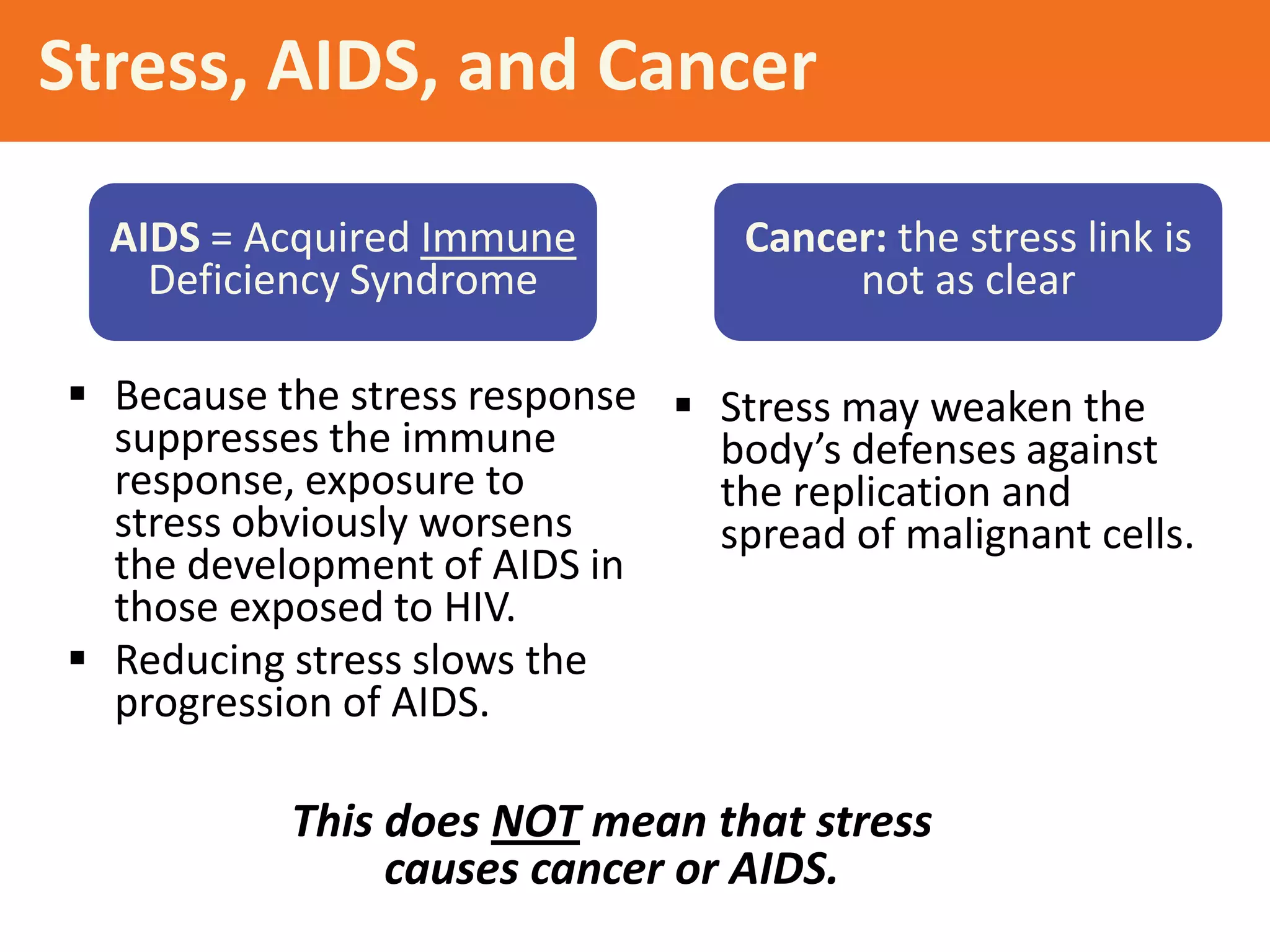 Stress, AIDS, and Cancer
AIDS = Acquired Immune
Deficiency Syndrome

Cancer: the stress link is
not as clear

 Because the stress response  Stress may weaken the
suppresses the immune
body’s defenses against
response, exposure to
the replication and
stress obviously worsens
spread of malignant cells.
the development of AIDS in
those exposed to HIV.
 Reducing stress slows the
progression of AIDS.

This does NOT mean that stress
causes cancer or AIDS.

 