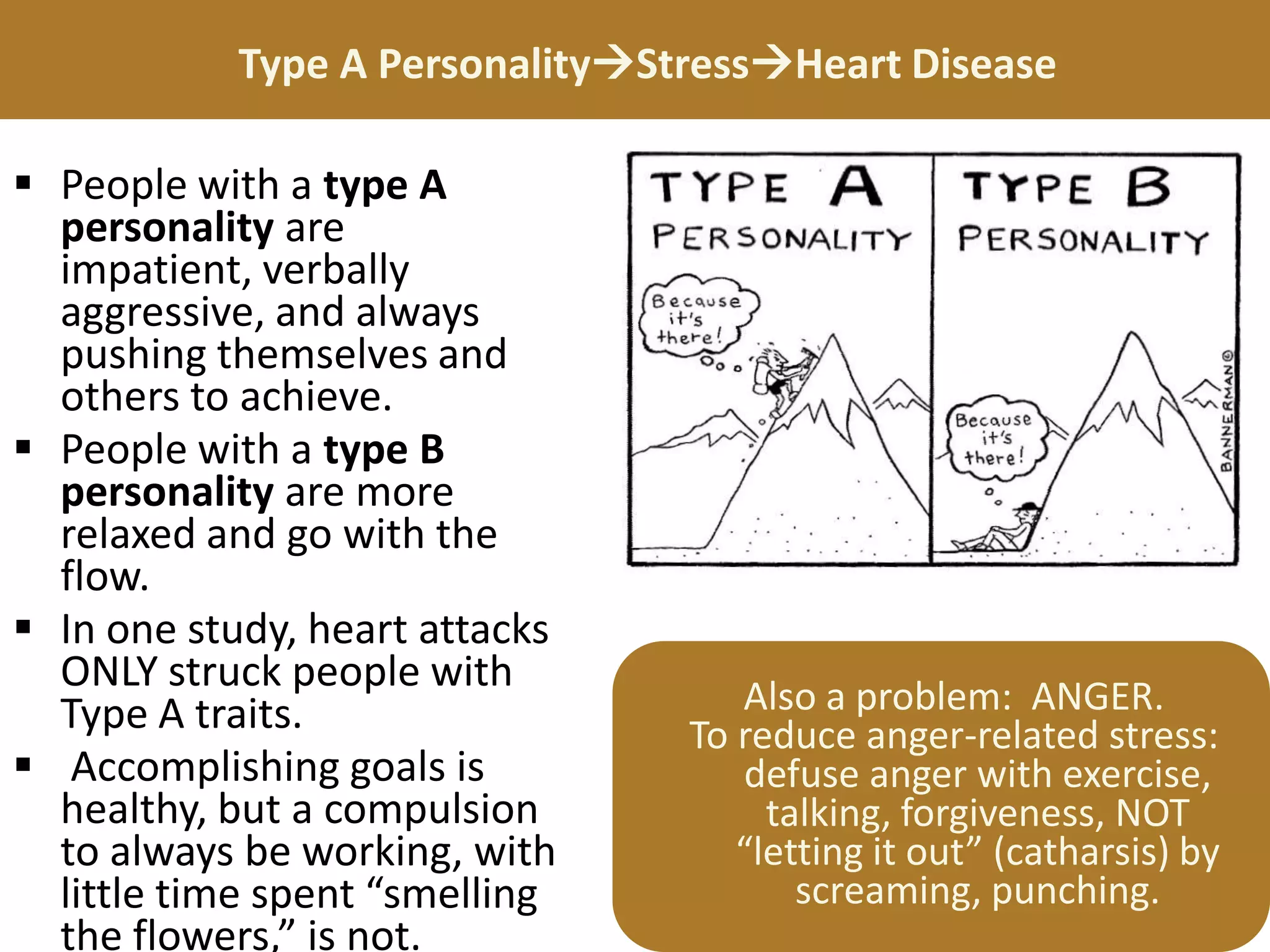 Type A PersonalityStressHeart Disease
 People with a type A
personality are
impatient, verbally
aggressive, and always
pushing themselves and
others to achieve.
 People with a type B
personality are more
relaxed and go with the
flow.
 In one study, heart attacks
ONLY struck people with
Type A traits.
 Accomplishing goals is
healthy, but a compulsion
to always be working, with
little time spent “smelling
the flowers,” is not.

Also a problem: ANGER.
To reduce anger-related stress:
defuse anger with exercise,
talking, forgiveness, NOT
“letting it out” (catharsis) by
screaming, punching.

 
