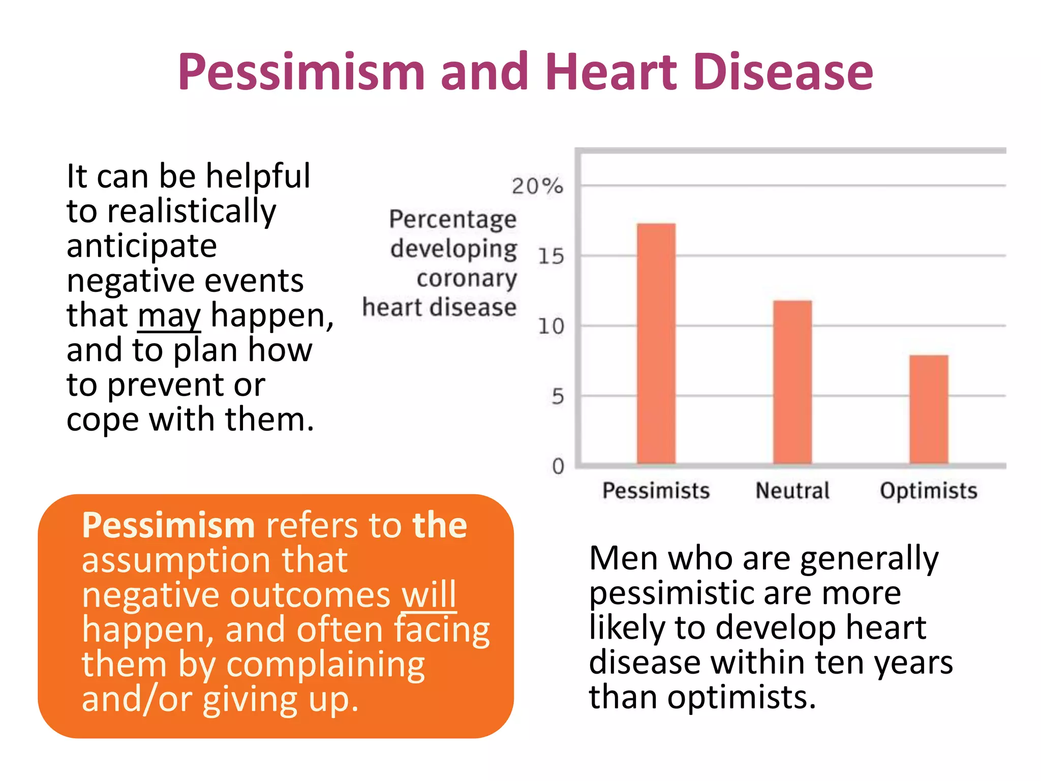 Pessimism and Heart Disease
It can be helpful
to realistically
anticipate
negative events
that may happen,
and to plan how
to prevent or
cope with them.

Pessimism refers to the
assumption that
negative outcomes will
happen, and often facing
them by complaining
and/or giving up.

Men who are generally
pessimistic are more
likely to develop heart
disease within ten years
than optimists.

 