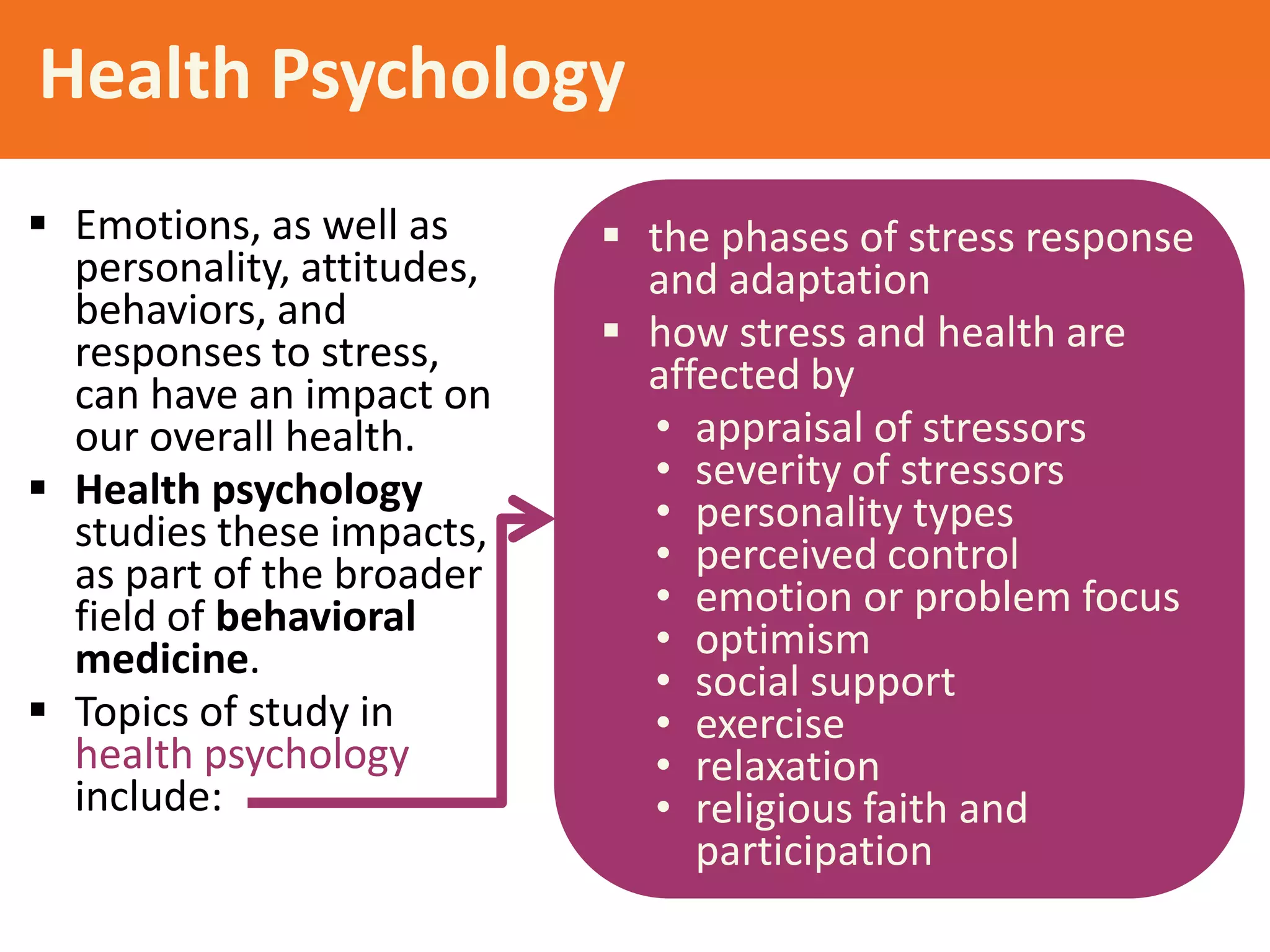 Health Psychology
 Emotions, as well as
personality, attitudes,
behaviors, and
responses to stress,
can have an impact on
our overall health.
 Health psychology
studies these impacts,
as part of the broader
field of behavioral
medicine.
 Topics of study in
health psychology
include:

 the phases of stress response
and adaptation
 how stress and health are
affected by
• appraisal of stressors
• severity of stressors
• personality types
• perceived control
• emotion or problem focus
• optimism
• social support
• exercise
• relaxation
• religious faith and
participation

 