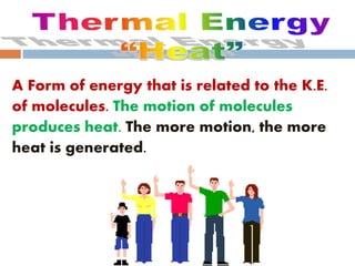 A Form of energy that is related to the K.E.
of molecules. The motion of molecules
produces heat. The more motion, the more
heat is generated.
 