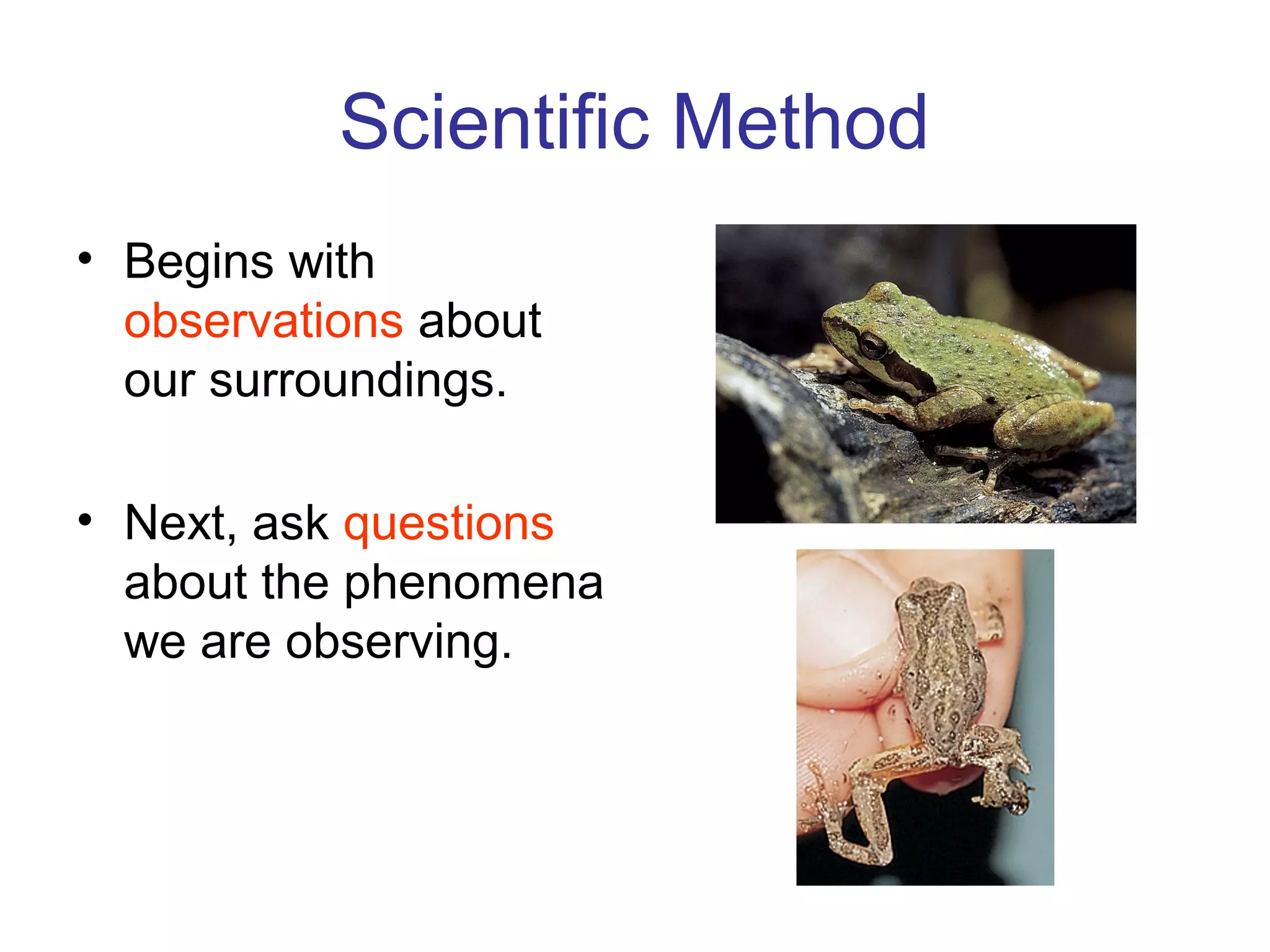 Scientific Method
• Begins with
observations about
our surroundings.
• Next, ask questions
about the phenomena
we are observing.
 