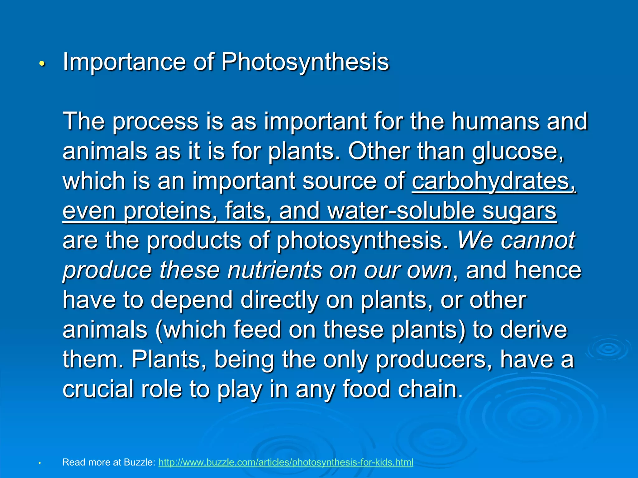 • Importance of Photosynthesis 
The process is as important for the humans and 
animals as it is for plants. Other than glucose, 
which is an important source of carbohydrates, 
even proteins, fats, and water-soluble sugars 
are the products of photosynthesis. We cannot 
produce these nutrients on our own, and hence 
have to depend directly on plants, or other 
animals (which feed on these plants) to derive 
them. Plants, being the only producers, have a 
crucial role to play in any food chain. 
• Read more at Buzzle: http://www.buzzle.com/articles/photosynthesis-for-kids.html 
 
