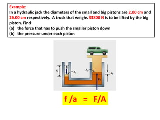 Example:
In a hydraulic jack the diameters of the small and big pistons are 2.00 cm and
26.00 cm respectively. A truck that weighs 33800 N is to be lifted by the big
piston. Find
(a) the force that has to push the smaller piston down
(b) the pressure under each piston
f /a = F/A
 
