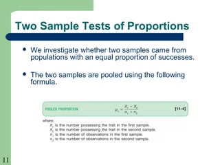 11
Two Sample Tests of Proportions
 We investigate whether two samples came from
populations with an equal proportion of successes.
 The two samples are pooled using the following
formula.
 