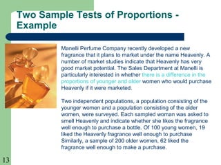 13
Manelli Perfume Company recently developed a new
fragrance that it plans to market under the name Heavenly. A
number of market studies indicate that Heavenly has very
good market potential. The Sales Department at Manelli is
particularly interested in whether there is a difference in the
proportions of younger and older women who would purchase
Heavenly if it were marketed.
Two independent populations, a population consisting of the
younger women and a population consisting of the older
women, were surveyed. Each sampled woman was asked to
smell Heavenly and indicate whether she likes the fragrance
well enough to purchase a bottle. Of 100 young women, 19
liked the Heavenly fragrance well enough to purchase
Similarly, a sample of 200 older women, 62 liked the
fragrance well enough to make a purchase.
Two Sample Tests of Proportions -
Example
 