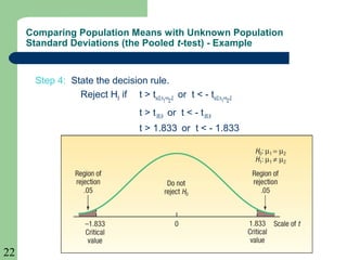 22
Step 4: State the decision rule.
Reject H0 if t > tα/2,n1+n2-2 or t < - tα/2,n1+n2-2
t > t.05,9 or t < - t.05,9
t > 1.833 or t < - 1.833
Comparing Population Means with Unknown Population
Standard Deviations (the Pooled t-test) - Example
 