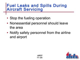 ARFF
11–25
Fuel Leaks and Spills During
Aircraft Servicing
• Stop the fueling operation
• Nonessential personnel should leave
the area
• Notify safety personnel from the airline
and airport
 