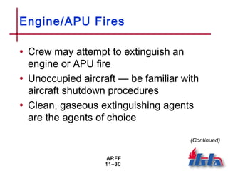 ARFF
11–30
Engine/APU Fires
• Crew may attempt to extinguish an
engine or APU fire
• Unoccupied aircraft — be familiar with
aircraft shutdown procedures
• Clean, gaseous extinguishing agents
are the agents of choice
(Continued)
 