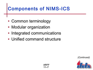 ARFF
11–7
Components of NIMS-ICS
• Common terminology
• Modular organization
• Integrated communications
• Unified command structure
(Continued)
 