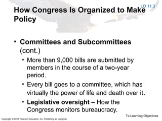 Copyright © 2011 Pearson Education, Inc. Publishing as Longman
How Congress Is Organized to Make
Policy
• Committees and Subcommittees
(cont.)
• More than 9,000 bills are submitted by
members in the course of a two-year
period.
• Every bill goes to a committee, which has
virtually the power of life and death over it.
• Legislative oversight – How the
Congress monitors bureaucracy.
To Learning Objectives
LO 11.3
 