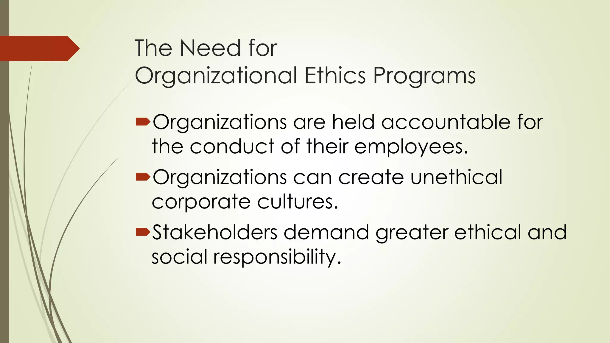 The Need for
Organizational Ethics Programs
Organizations are held accountable for
the conduct of their employees.
Organizations can create unethical
corporate cultures.
Stakeholders demand greater ethical and
social responsibility.
 