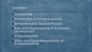 Courseware
Introduction to Entrepreneurship
Entrepreneurial Decision Process
Role of Entrepreneurship in Economic
Development
Intrapreneurship
Ethics and Social Responsibility of
Entrepreneurship
Overview
 