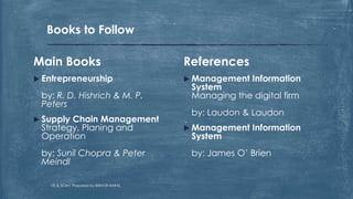 References
 Management Information
System
Managing the digital firm
by: Laudon & Laudon
 Management Information
System
by: James O’ Brien
Main Books
 Entrepreneurship
by: R. D. Hishrich & M. P.
Peters
 Supply Chain Management
Strategy, Planing and
Operation
by: Sunil Chopra & Peter
Meindl
Books to Follow
ITE & SCM| Prepared by BIBHOR BARAL
 