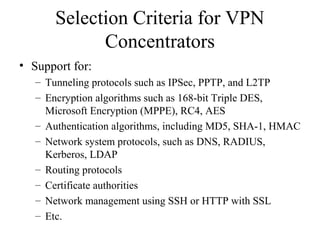 Selection Criteria for VPN
Concentrators
• Support for:
– Tunneling protocols such as IPSec, PPTP, and L2TP
– Encryption algorithms such as 168-bit Triple DES,
Microsoft Encryption (MPPE), RC4, AES
– Authentication algorithms, including MD5, SHA-1, HMAC
– Network system protocols, such as DNS, RADIUS,
Kerberos, LDAP
– Routing protocols
– Certificate authorities
– Network management using SSH or HTTP with SSL
– Etc.
 