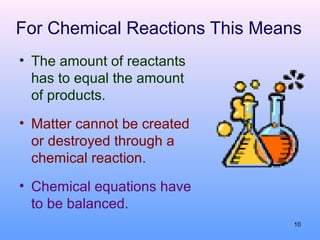 For Chemical Reactions This Means
• The amount of reactants
has to equal the amount
of products.
• Matter cannot be created
or destroyed through a
chemical reaction.
• Chemical equations have
to be balanced.
10
 