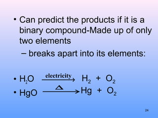 • Can predict the products if it is a
binary compound-Made up of only
two elements
– breaks apart into its elements:
• H2O
• HgO
electricity
 →
∆
 →
H2 + O2
Hg + O2
24
 