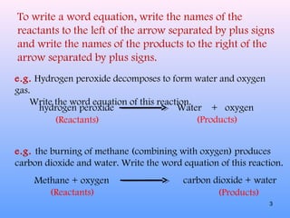 To write a word equation, write the names of the
reactants to the left of the arrow separated by plus signs
and write the names of the products to the right of the
arrow separated by plus signs.
e.g. Hydrogen peroxide decomposes to form water and oxygen
gas.
Write the word equation of this reaction.
hydrogen peroxide Water + oxygen
(Reactants) (Products)
e.g. the burning of methane (combining with oxygen) produces
carbon dioxide and water. Write the word equation of this reaction.
Methane + oxygen carbon dioxide + water
(Reactants) (Products)
3
 