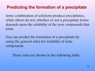 Predicting the formation of a precipitate
Some combination of solutions produce precipitates,
while others do not, whether or not a precipitate forms
depends upon the solubility of the new compounds that
form.
You can predict the formation of a precipitate by
using the general rules for solubility of ionic
compounds.
These rules are shown in the following table:
40
 