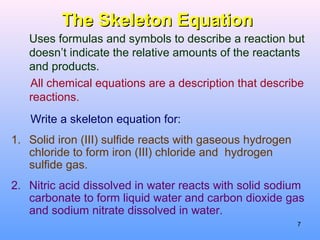 The Skeleton EquationThe Skeleton Equation
Uses formulas and symbols to describe a reaction but
doesn’t indicate the relative amounts of the reactants
and products.
All chemical equations are a description that describe
reactions.
Write a skeleton equation for:
1. Solid iron (III) sulfide reacts with gaseous hydrogen
chloride to form iron (III) chloride and hydrogen
sulfide gas.
2. Nitric acid dissolved in water reacts with solid sodium
carbonate to form liquid water and carbon dioxide gas
and sodium nitrate dissolved in water.
7
 