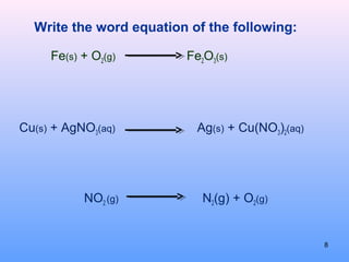 Write the word equation of the following:
Fe(s) + O2(g) Fe2O3(s)
Cu(s) + AgNO3(aq) Ag(s) + Cu(NO3)2(aq)
NO2 (g) N2(g) + O2(g)
8
 