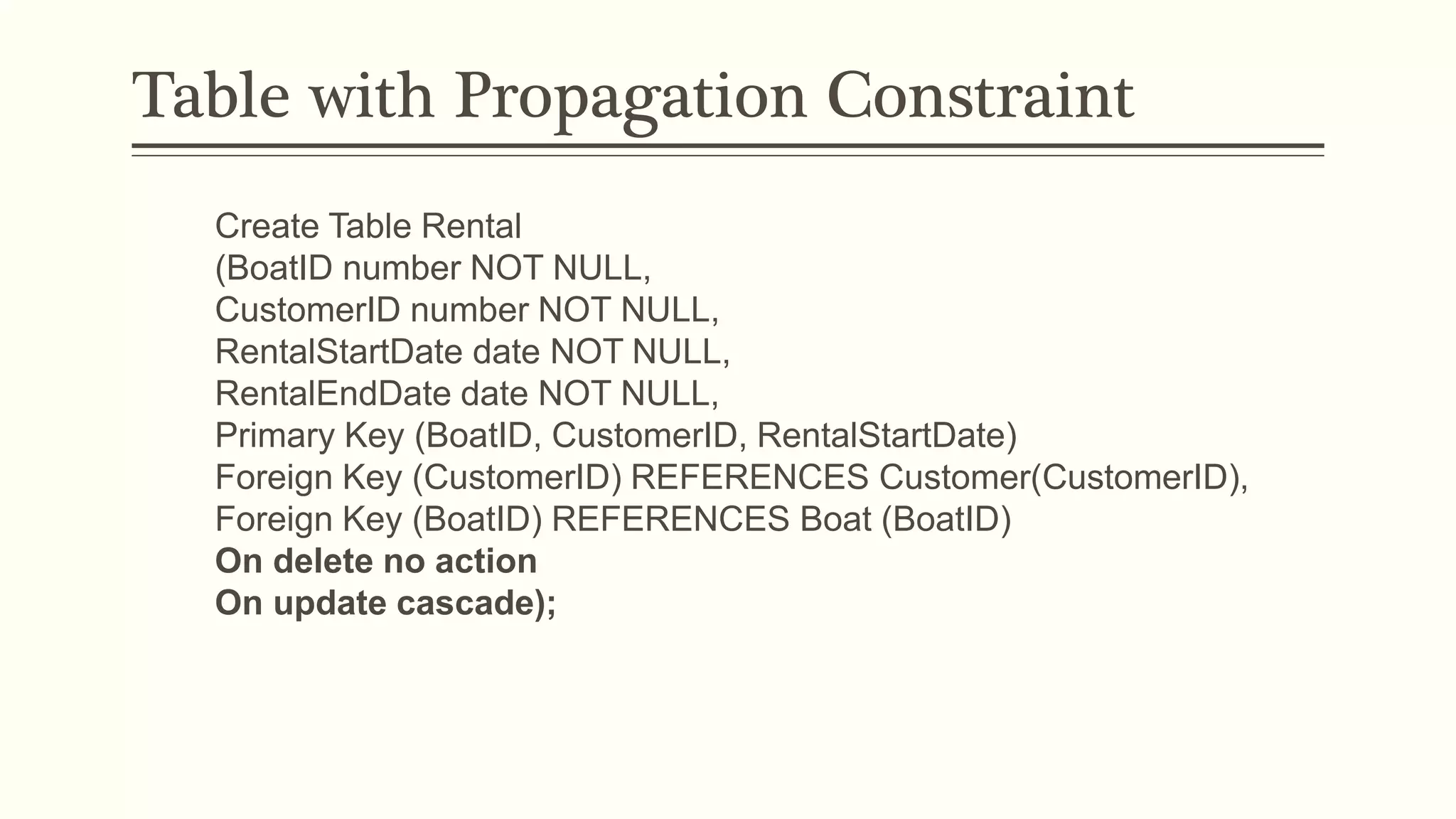 Table with Propagation Constraint
Create Table Rental
(BoatID number NOT NULL,
CustomerID number NOT NULL,
RentalStartDate date NOT NULL,
RentalEndDate date NOT NULL,
Primary Key (BoatID, CustomerID, RentalStartDate)
Foreign Key (CustomerID) REFERENCES Customer(CustomerID),
Foreign Key (BoatID) REFERENCES Boat (BoatID)
On delete no action
On update cascade);
 