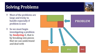  Most of the problems are
large and tricky to
handle especially if
problem is new
 So we must begin
investigating a problem
by Analyzing it, that is
by breaking into pieces
that we can understand
and deal with
PROBLEM
P#1 P#2 P#3
 