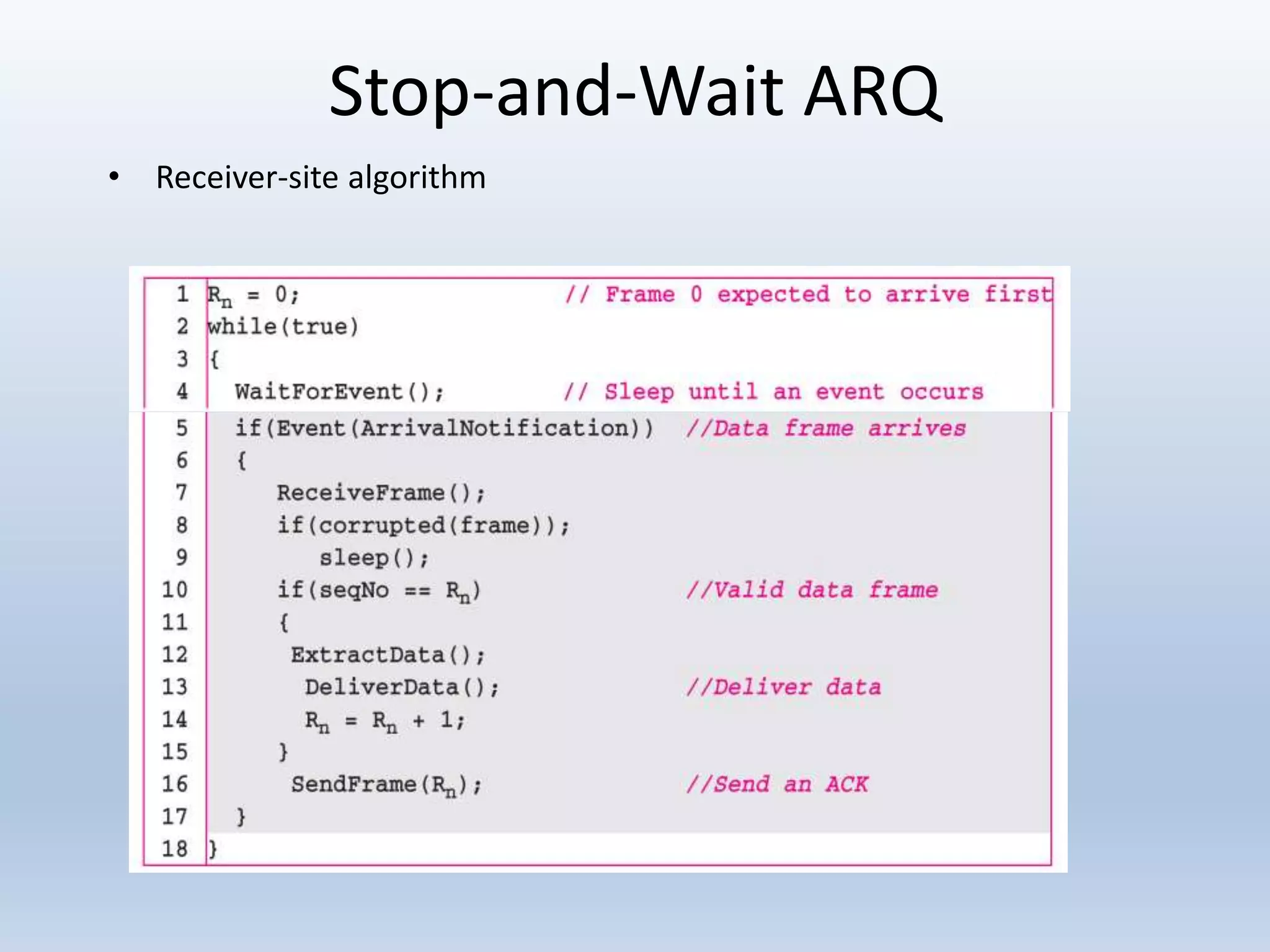 Stop-and-Wait ARQ
• Receiver-site algorithm
 
