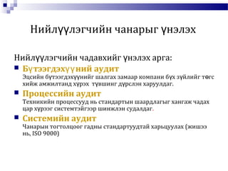 Нийл лэгчийн чанарыг нэлэхүү ү
Нийл лэгчийн чадавхийг нэлэх арга:үү ү
 Б тээгдэх ний аудитү үү
Эцсийн б тээгдэх нийг шалгах замаар компани б х з йлийг т гсү үү ү ү ө
хийж амжилтанд х рэх т вшинг д рслэн харуулдаг.ү ү ү
 Процессийн аудит
Техникийн процессууд нь стандартын шаардлагыг хангаж чадах
цар х рээг системтэйгээр шинжлэн судалдагү .
 Системийн аудит
Чанарын тогтолцоог гадны стандартуудтай харьцуулах (жишээ
нь, ISO 9000)
 