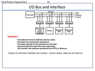 Input/Output Organization 10
I/O Bus and Interface
Interface :
- Decodes the device address (device code)
- Decodes the commands (operation)
- Provides signals for the peripheral controller
- Synchronizes the data flow and supervises
the transfer rate between peripheral and CPU or Memory
Processor
Interface
Keyboard
and
display
terminal
Magnetic
tape
Printer
Interface Interface Interface
Data
Address
Control
Magnetic
disk
I/O bus
4 types of command interface can receive : control, status, data o/p and data i/p
 