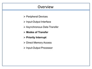 Overview
 Peripheral Devices
 Input-Output Interface
 Asynchronous Data Transfer
 Modes of Transfer
 Priority Interrupt
 Direct Memory Access
 Input-Output Processor
 