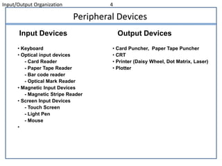 Input/Output Organization 4
Peripheral Devices
Input Devices
• Keyboard
• Optical input devices
- Card Reader
- Paper Tape Reader
- Bar code reader
- Optical Mark Reader
• Magnetic Input Devices
- Magnetic Stripe Reader
• Screen Input Devices
- Touch Screen
- Light Pen
- Mouse
•
Output Devices
• Card Puncher, Paper Tape Puncher
• CRT
• Printer (Daisy Wheel, Dot Matrix, Laser)
• Plotter
 