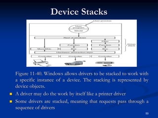 Device Stacks
Figure 11-40. Windows allows drivers to be stacked to work with
a specific instance of a device. The stacking is represented by
device objects.
 A driver may do the work by itself like a printer driver
 Some drivers are stacked, meaning that requests pass through a
sequence of drivers
50
 