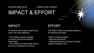 IMPACT & EFFORT
ELEGANT BRUTALIST CONSULTING TOOLKIT
IMPACT
An initiative with a high impact would
mean one of the following:
- The initiative needs to happen
in order to achieve the desired
future state
- The initiative will significantly reduce
the cost or increase our revenue
EFFORT
The “effort” criteria is assessed based on
the following concepts:
- Ease of implementation
- Required time frame
- Required resources (number of people,
capital investment, etc.)
 