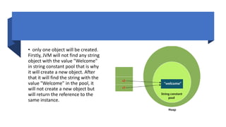 • only one object will be created.
Firstly, JVM will not find any string
object with the value "Welcome"
in string constant pool that is why
it will create a new object. After
that it will find the string with the
value "Welcome" in the pool, it
will not create a new object but
will return the reference to the
same instance.
 