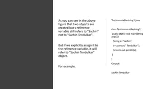 As you can see in the above
figure that two objects are
created but s reference
variable still refers to "Sachin"
not to "Sachin Tendulkar".
But if we explicitly assign it to
the reference variable, it will
refer to "Sachin Tendulkar"
object.
For example:
Testimmutablestring1.java
class Testimmutablestring1{
public static void main(String
args[]){
String s="Sachin";
s=s.concat(" Tendulkar");
System.out.println(s);
}
}
Output:
Sachin Tendulkar
 