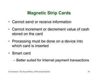 E-Commerce: The Second Wave, Fifth Annual Edition 34
Magnetic Strip Cards
• Cannot send or receive information
• Cannot increment or decrement value of cash
stored on the card
• Processing must be done on a device into
which card is inserted
• Smart card
– Better suited for Internet payment transactions
 
