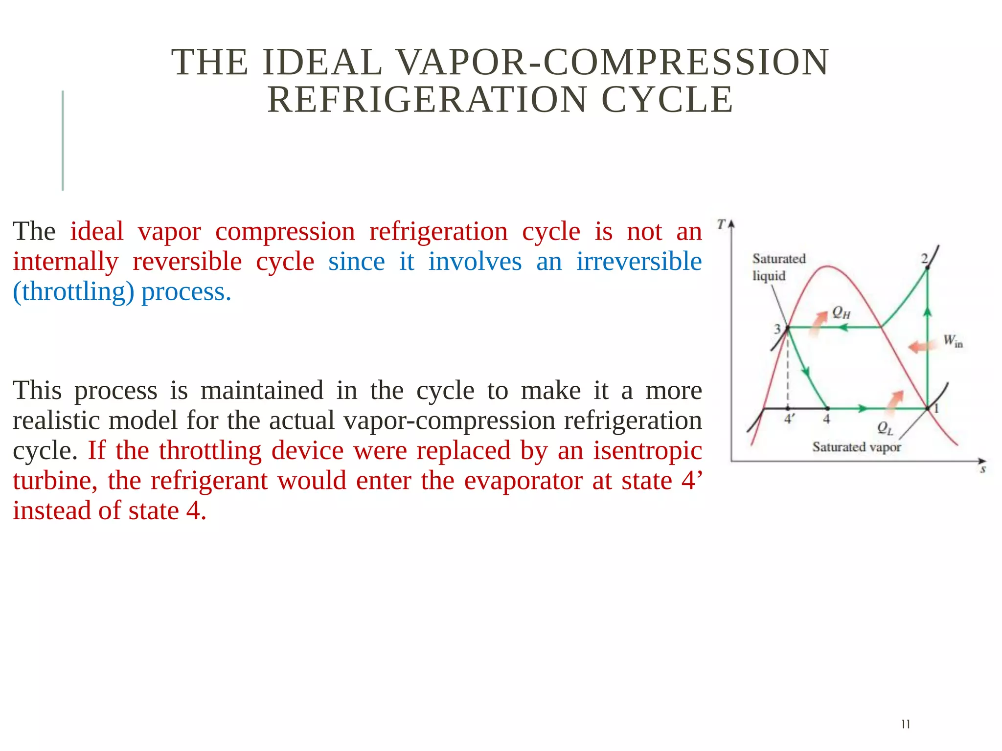 THE IDEAL VAPOR-COMPRESSION
REFRIGERATION CYCLE
The ideal vapor compression refrigeration cycle is not an
internally reversible cycle since it involves an irreversible
(throttling) process.
This process is maintained in the cycle to make it a more
realistic model for the actual vapor-compression refrigeration
cycle. If the throttling device were replaced by an isentropic
turbine, the refrigerant would enter the evaporator at state 4’
instead of state 4.
11
 