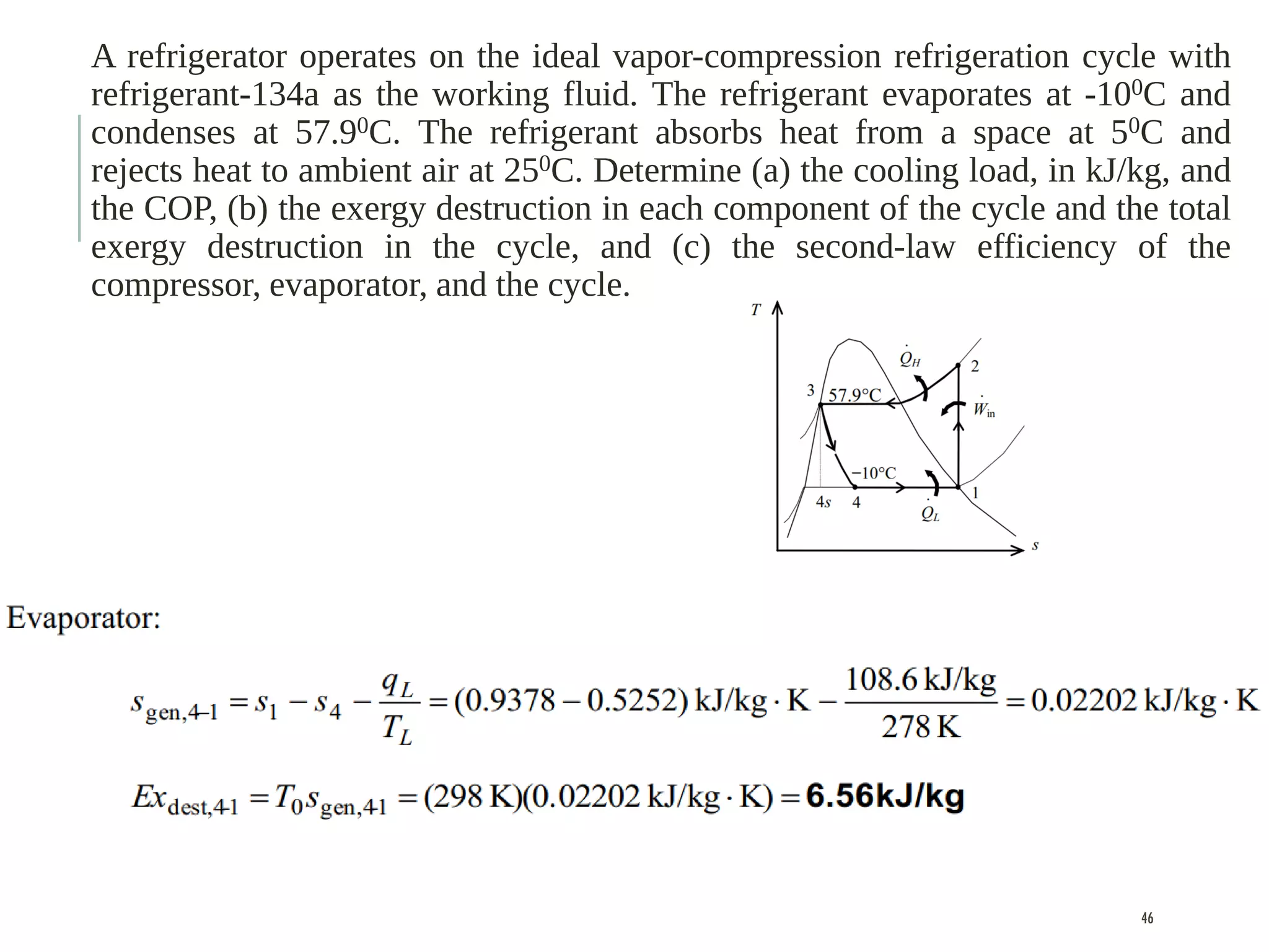 A refrigerator operates on the ideal vapor-compression refrigeration cycle with
refrigerant-134a as the working fluid. The refrigerant evaporates at -100C and
condenses at 57.90C. The refrigerant absorbs heat from a space at 50C and
rejects heat to ambient air at 250C. Determine (a) the cooling load, in kJ/kg, and
the COP, (b) the exergy destruction in each component of the cycle and the total
exergy destruction in the cycle, and (c) the second-law efficiency of the
compressor, evaporator, and the cycle.
46
 