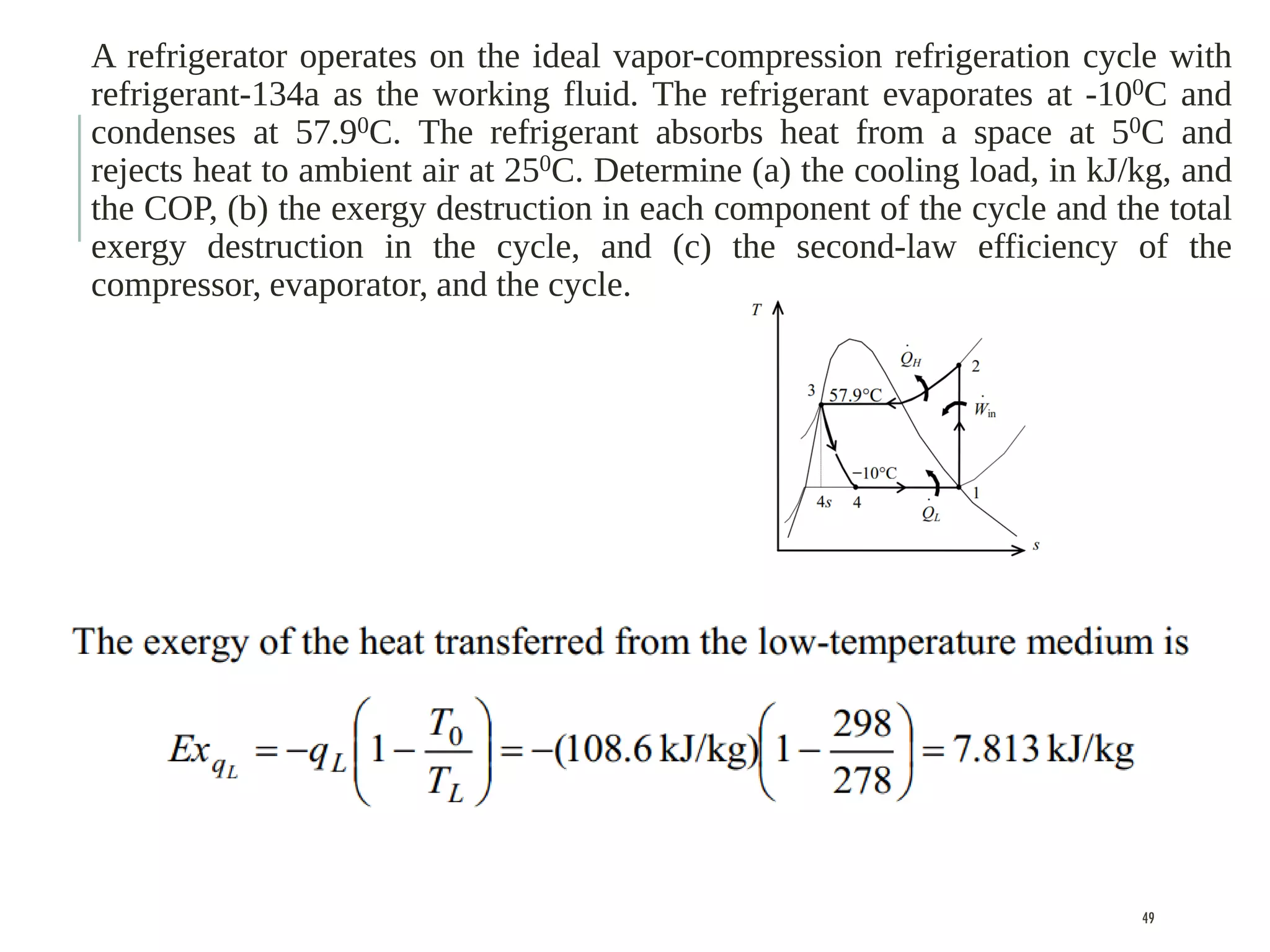 A refrigerator operates on the ideal vapor-compression refrigeration cycle with
refrigerant-134a as the working fluid. The refrigerant evaporates at -100C and
condenses at 57.90C. The refrigerant absorbs heat from a space at 50C and
rejects heat to ambient air at 250C. Determine (a) the cooling load, in kJ/kg, and
the COP, (b) the exergy destruction in each component of the cycle and the total
exergy destruction in the cycle, and (c) the second-law efficiency of the
compressor, evaporator, and the cycle.
49
 