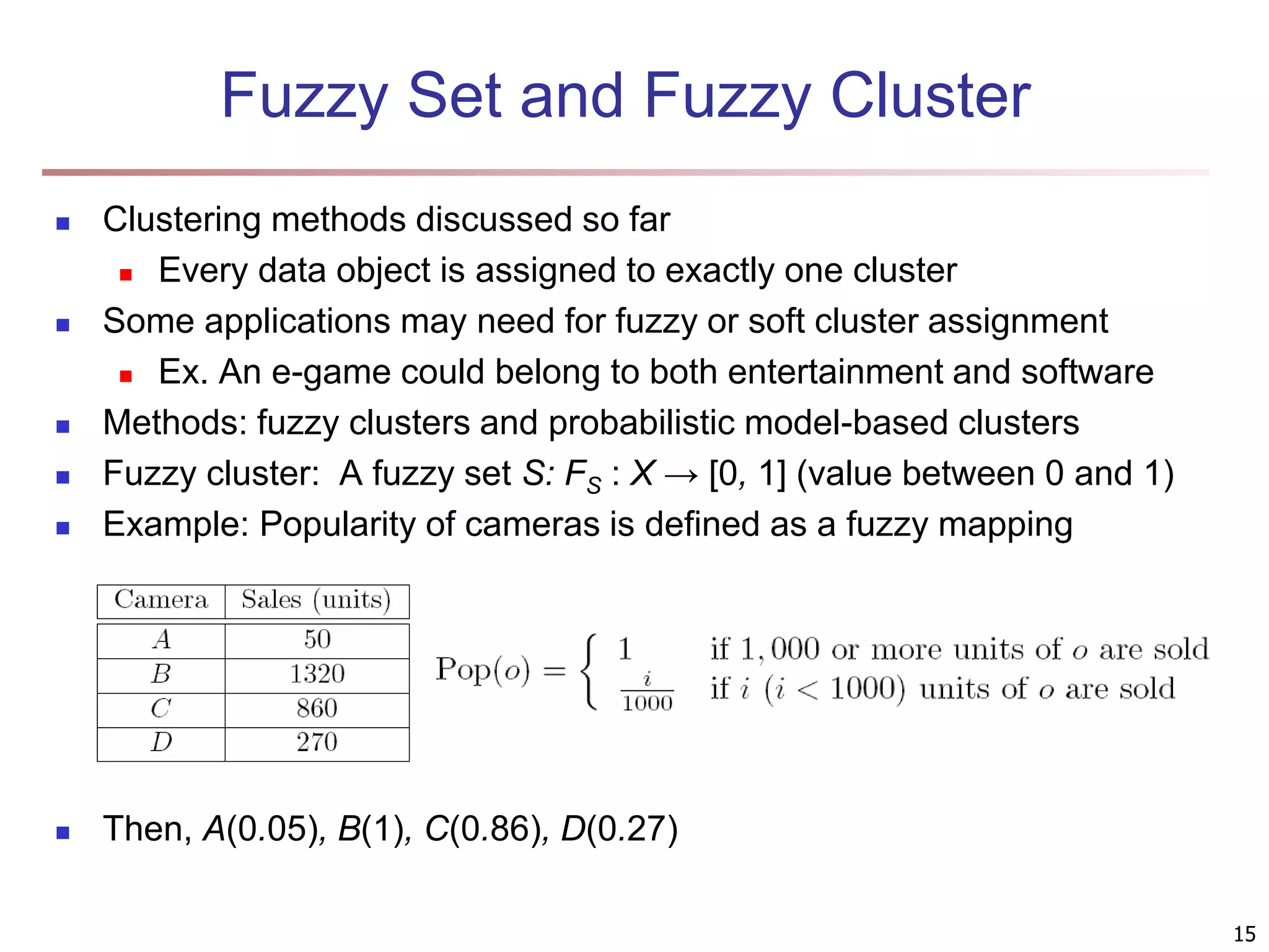 Fuzzy Set and Fuzzy Cluster  Clustering methods discussed so far  Every data object is assigned to exactly one cluster  Some applications may need for fuzzy or soft cluster assignment  Ex. An e-game could belong to both entertainment and software  Methods: fuzzy clusters and probabilistic model-based clusters  Fuzzy cluster: A fuzzy set S: FS : X → [0, 1] (value between 0 and 1)  Example: Popularity of cameras is defined as a fuzzy mapping  Then, A(0.05), B(1), C(0.86), D(0.27) 15 