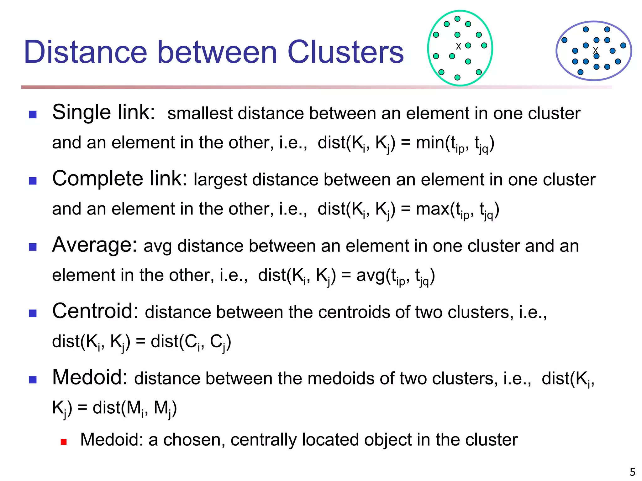 Distance between Clusters  Single link: smallest distance between an element in one cluster and an element in the other, i.e., dist(Ki, Kj) = min(tip, tjq)  Complete link: largest distance between an element in one cluster and an element in the other, i.e., dist(Ki, Kj) = max(tip, tjq)  Average: avg distance between an element in one cluster and an element in the other, i.e., dist(Ki, Kj) = avg(tip, tjq)  Centroid: distance between the centroids of two clusters, i.e., dist(Ki, Kj) = dist(Ci, Cj)  Medoid: distance between the medoids of two clusters, i.e., dist(Ki, Kj) = dist(Mi, Mj)  Medoid: a chosen, centrally located object in the cluster X X 5 