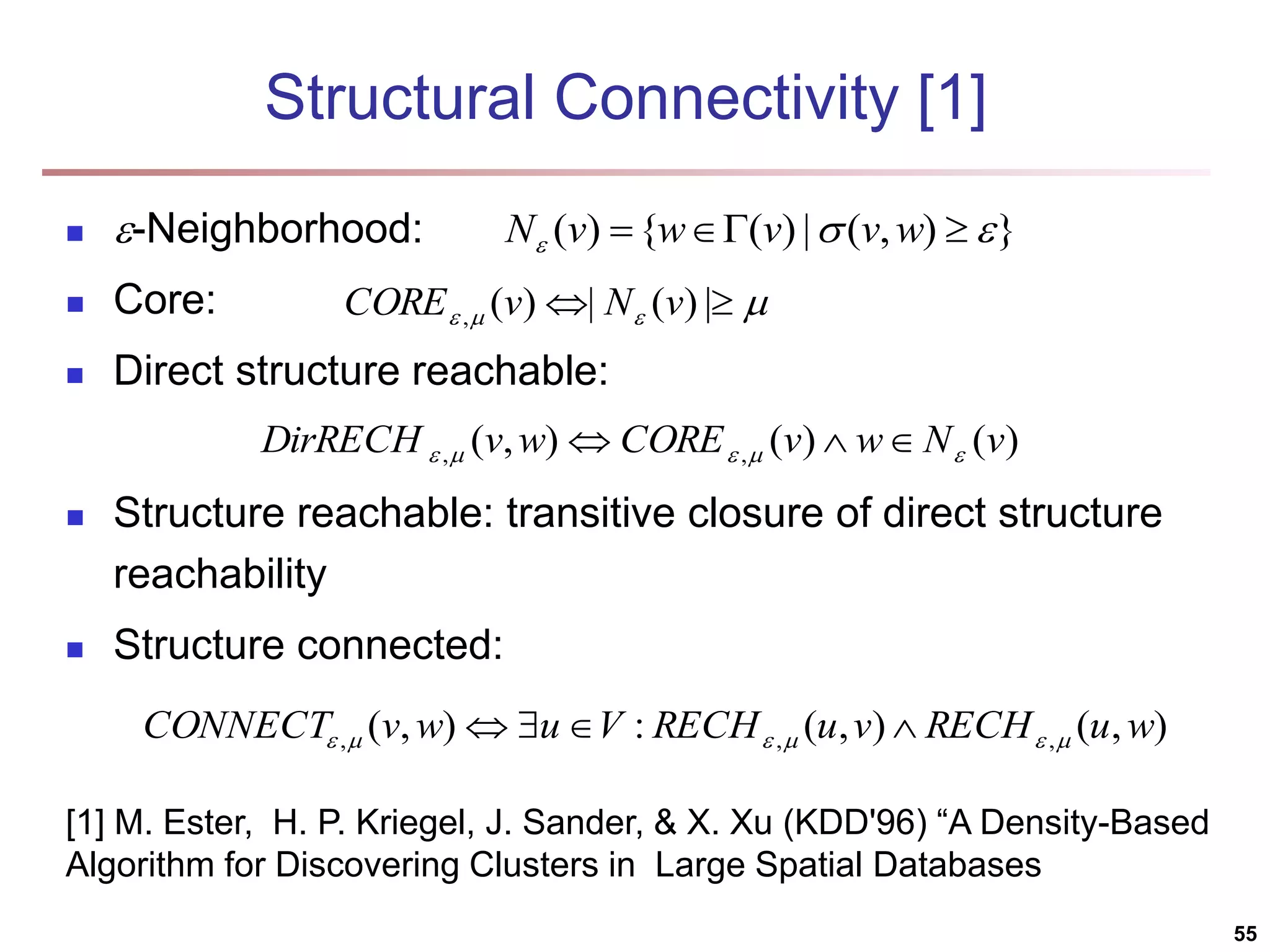 Structural Connectivity [1]  -Neighborhood:  Core:  Direct structure reachable:  Structure reachable: transitive closure of direct structure reachability  Structure connected: } ) , ( | ) ( { ) (        w v v w v N       | ) ( | ) ( , v N v CORE ) ( ) ( ) , ( , , v N w v CORE w v DirRECH         ) , ( ) , ( : ) , ( , , , w u RECH v u RECH V u w v CONNECT           [1] M. Ester, H. P. Kriegel, J. Sander, & X. Xu (KDD'96) “A Density-Based Algorithm for Discovering Clusters in Large Spatial Databases 55 