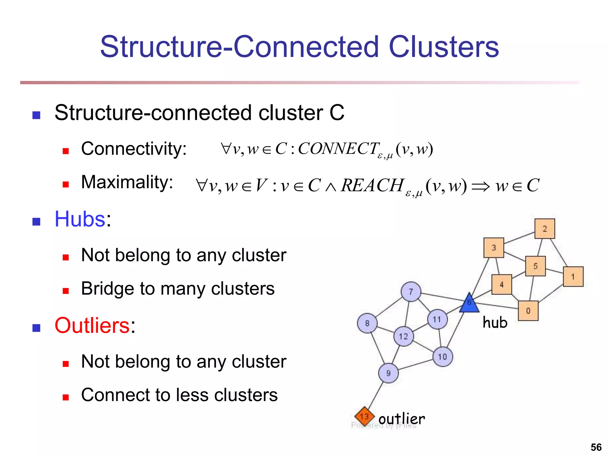 Structure-Connected Clusters  Structure-connected cluster C  Connectivity:  Maximality:  Hubs:  Not belong to any cluster  Bridge to many clusters  Outliers:  Not belong to any cluster  Connect to less clusters ) , ( : , , w v CONNECT C w v     C w w v REACH C v V w v       ) , ( : , ,  hub outlier 56 